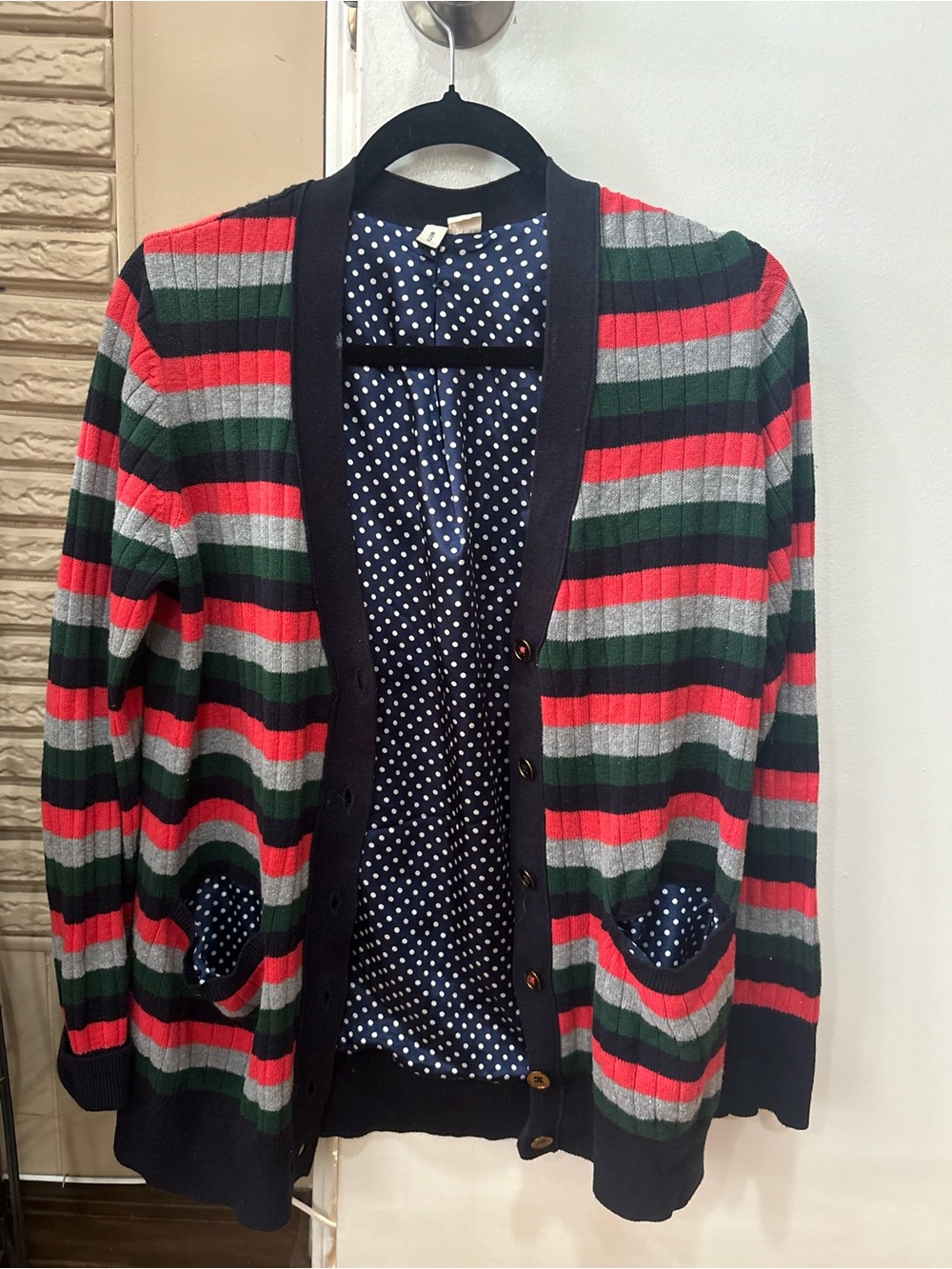 Moth Striped Button-Front Cardigan in Red, Green & Gray with Navy Trim